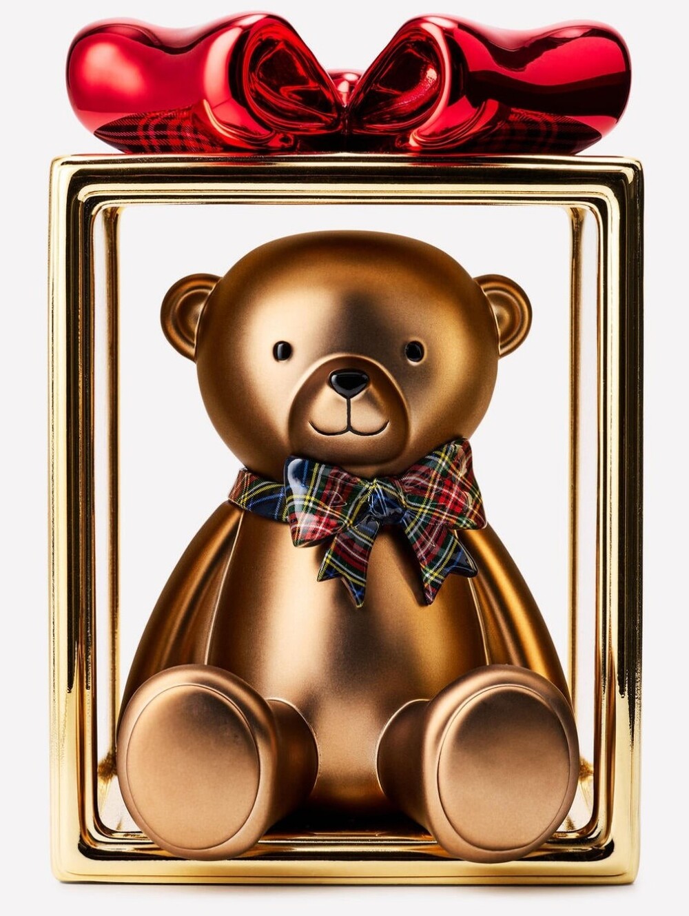 Bath Body Works Gold Bear in Plaid Gift Box with Red Bow Candle Holder NEW RARE